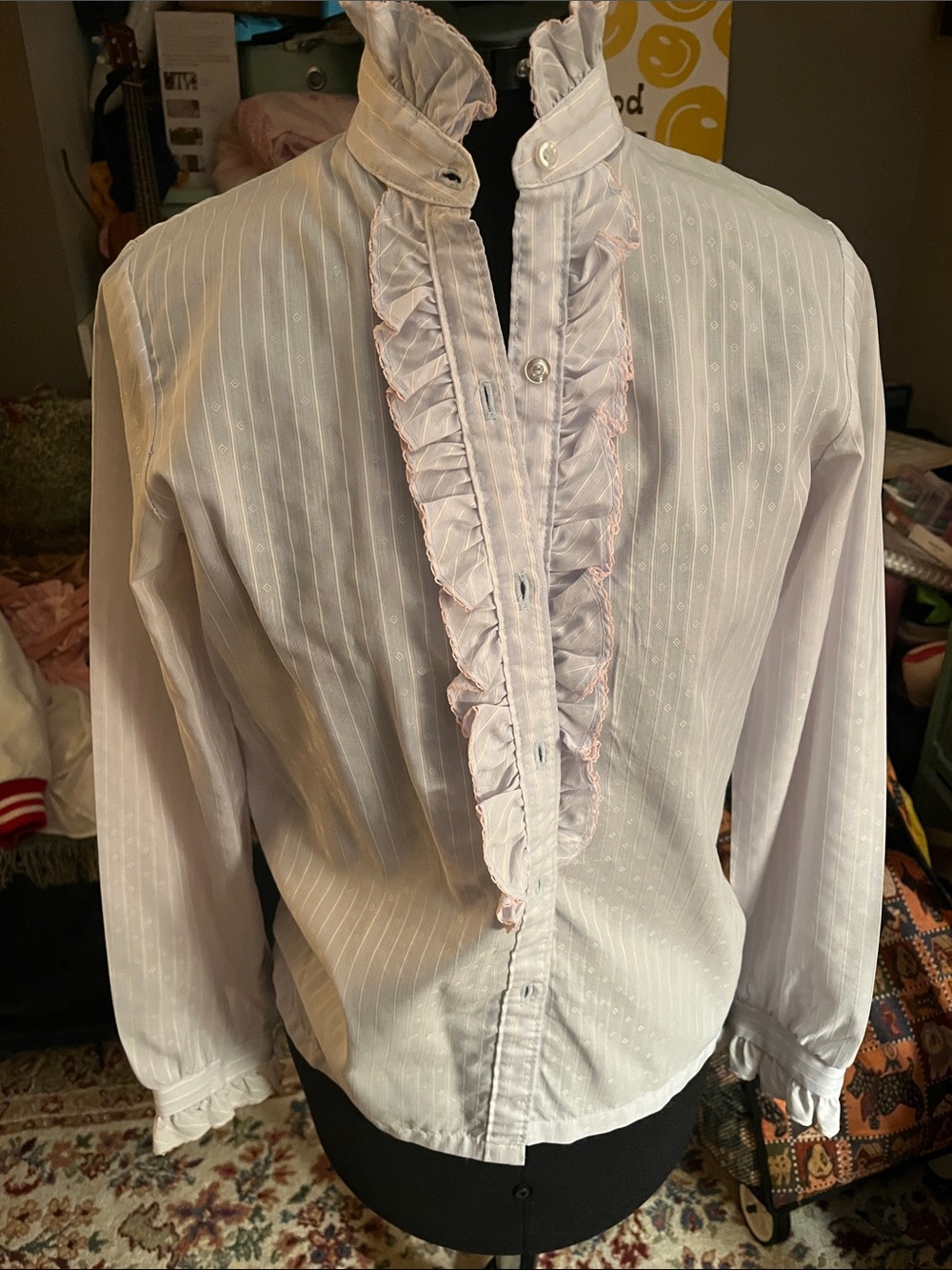Vintage Women’s Ruffled Pinstripe Button Down